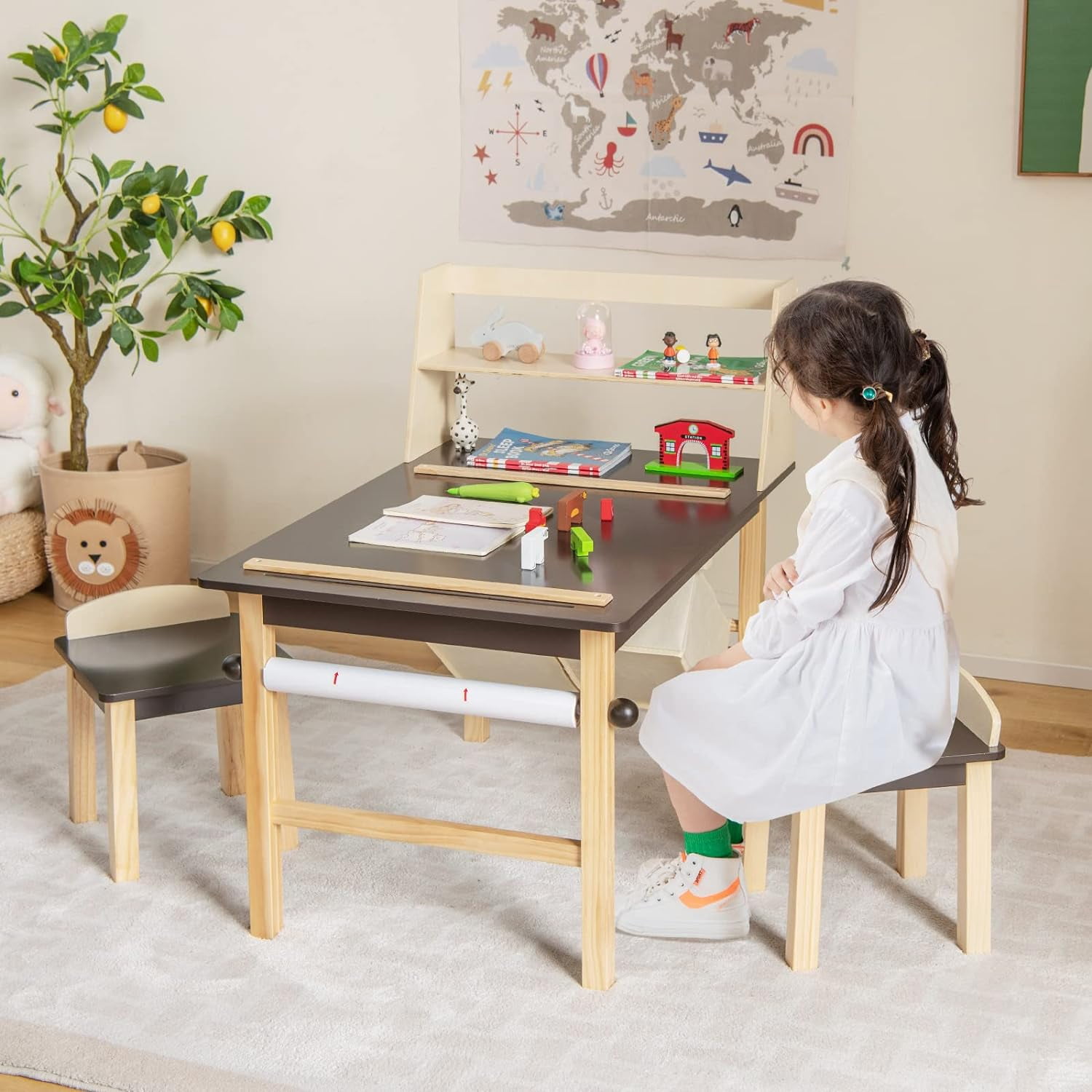 Kids Art Table and Chair Set, Wooden Drawing Painting Craft Center with Paper Roll, 2 Markers, 2 Storage Bins, Kids Activity Play Table with 2 Stools for Boys Girls Ages 3+ (Brown)