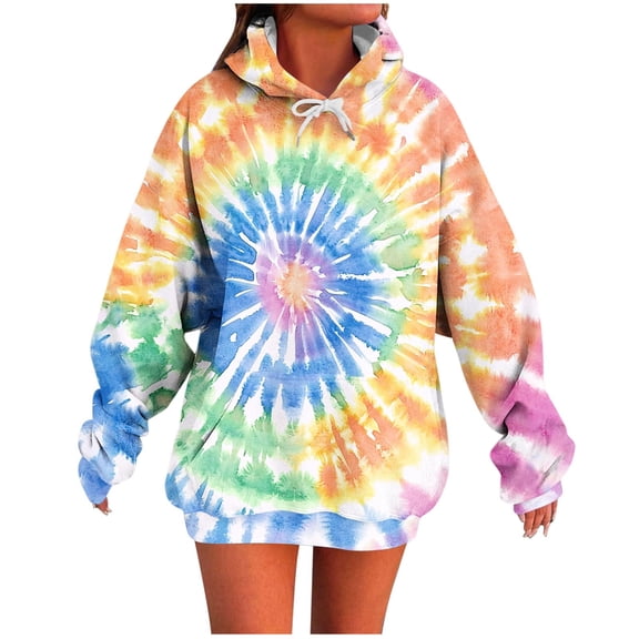 Sexlip Womens Hoodies Trendy Casual Stars Tie Dye Oversized Sweatshirts Drawstring Hooded Pullover Tops with Pocket Orange L