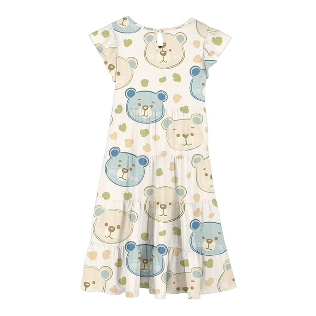 Birthday Party Dress for Girls, Short Sleeve Round Neck Printed Ruffled Pocket A-Line Style with Elastic Waist, Light Blue, Size 120 cm