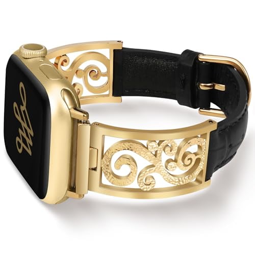 Wearlizer Slim Leather Watch Band Compatible with Apple Watch Bands 38/40/41/42/44/45/46/49mm Women Thin Vintage Filigree Strap for Iwatch Series 11/10/9/8/7/6/5/4/3/SE/Ultra