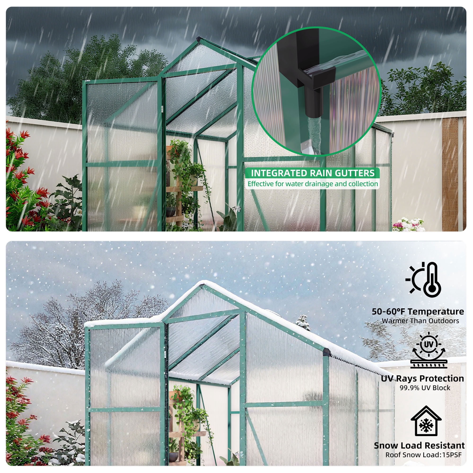 MAYEERTY 6x6 FT Walk-in Greenhouse with Raised Base, Aluminum Frame & Polycarbonate Panels, All-Season Outdoor Greenhouse