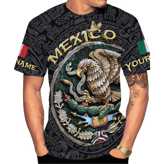 Mostprints Custom Mexico Shirts Personalized Name Mexican 3D Flag Shirt for Men Women Aztec Unisex US Eagle Pride Camisas (S)