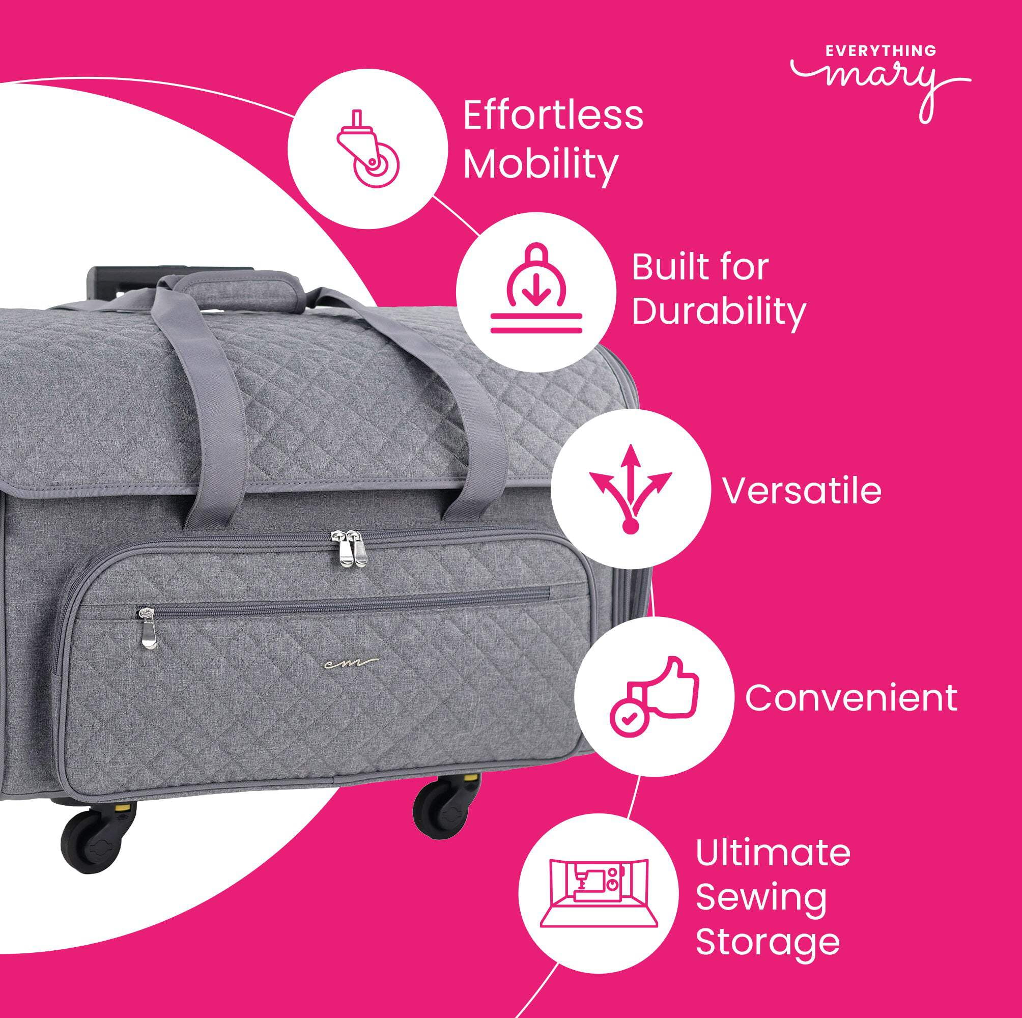 Everything Mary XXL Rolling Sewing Machine Case – Grey Quilted Craft Tote with 360° Wheels – Large Storage Organizer for Sewing & Quilting Supplies