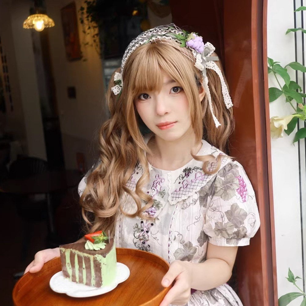 Vjnyvs Lolita Long Curly Wig with Bangs Double Ponytails Wig for Women