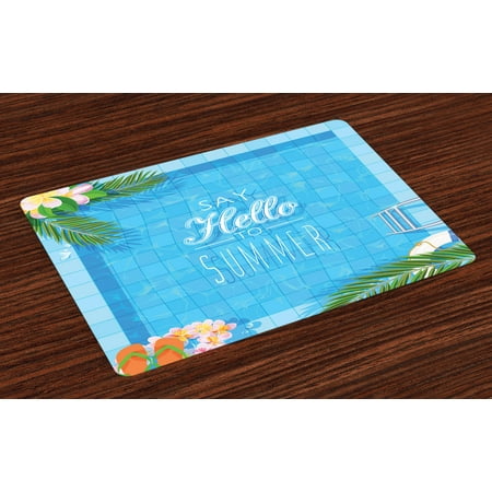 Summer Placemats Quote Placemats Set of 4 Say Hello to the Summer Slogan on a Pool with Ladder Flip Flops and Flowers Design, Washable Fabric Place Mats for Dining Room Kitchen Table Decor,Multicolor, by Ambesonne ()