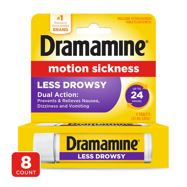 Dramamine Motion Sickness Less Drowsy, Travel Vial, 8 Count
