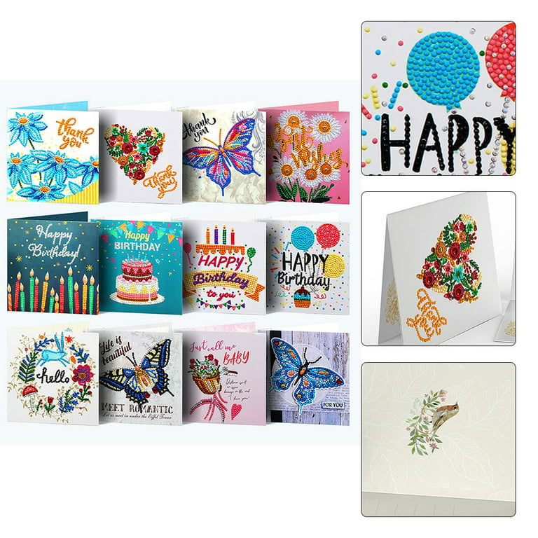 12pcs 5D DIY Diamond Painting Birthday Greeting Card - Hinestone Embroidery Arts Craft Cards Kits Postcard with Blank Envelopes for Birthday Mother's