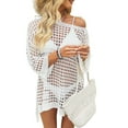 thumbnail image 3 of Womens Oversized Crochet Hollow Out Summer Boat Neck Beach Bathing Suit Cover Up Mini Dress White One Size, 3 of 9