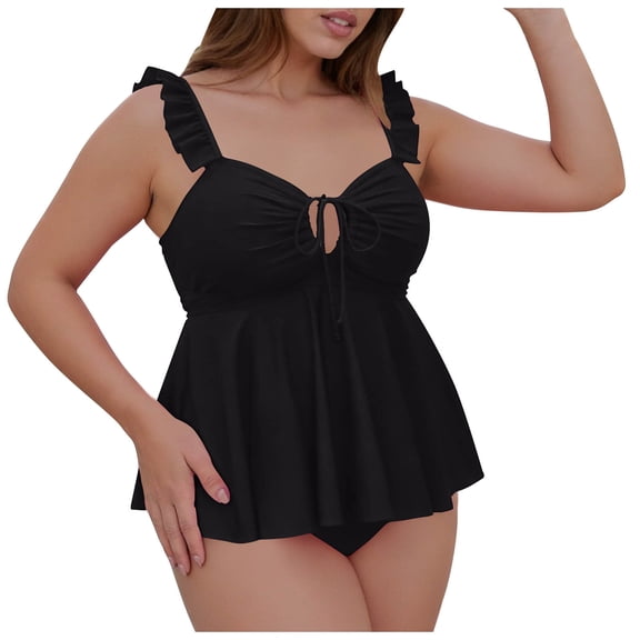 VEKDONE Women's Plus Size Tankini Swimsuits Ruffles Drawstring Flowy Tunic Top with Bottom Two Piece Bathing Suit Solid Color Loose Fit Beach Swimwear Black XXXL