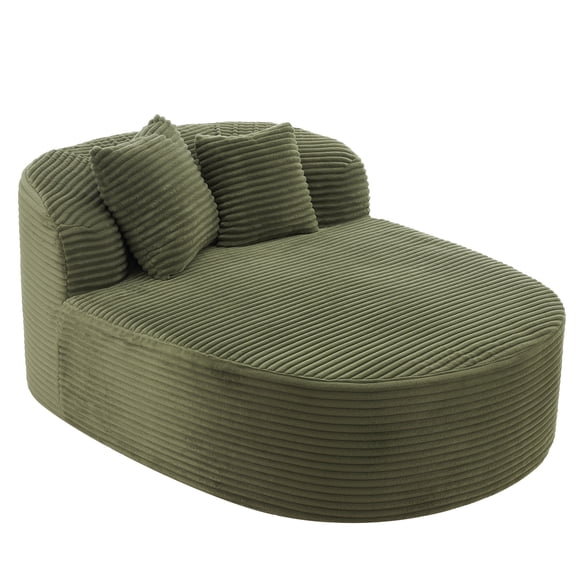 Oversized Corduroy Upholstered Curved Chaise Lounge, 51.6" W Boneless Couch Sofa with 2 Matching Pillows, Green