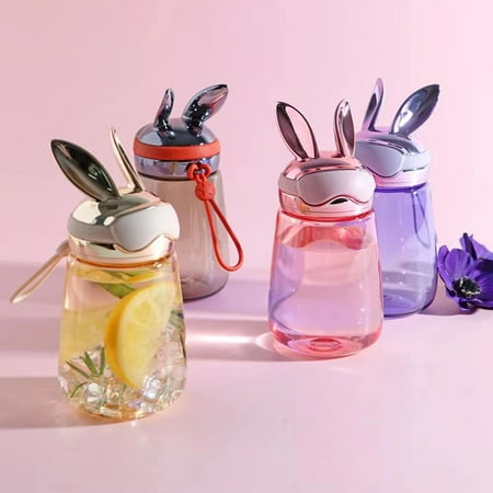 

400ml Kids Bottle Large Capacity Transparent Body with Lanyard Food Grade Cute Shape Leak-proof BPA Free Children Rabbit Ear Lid Sport Water Cup for Home