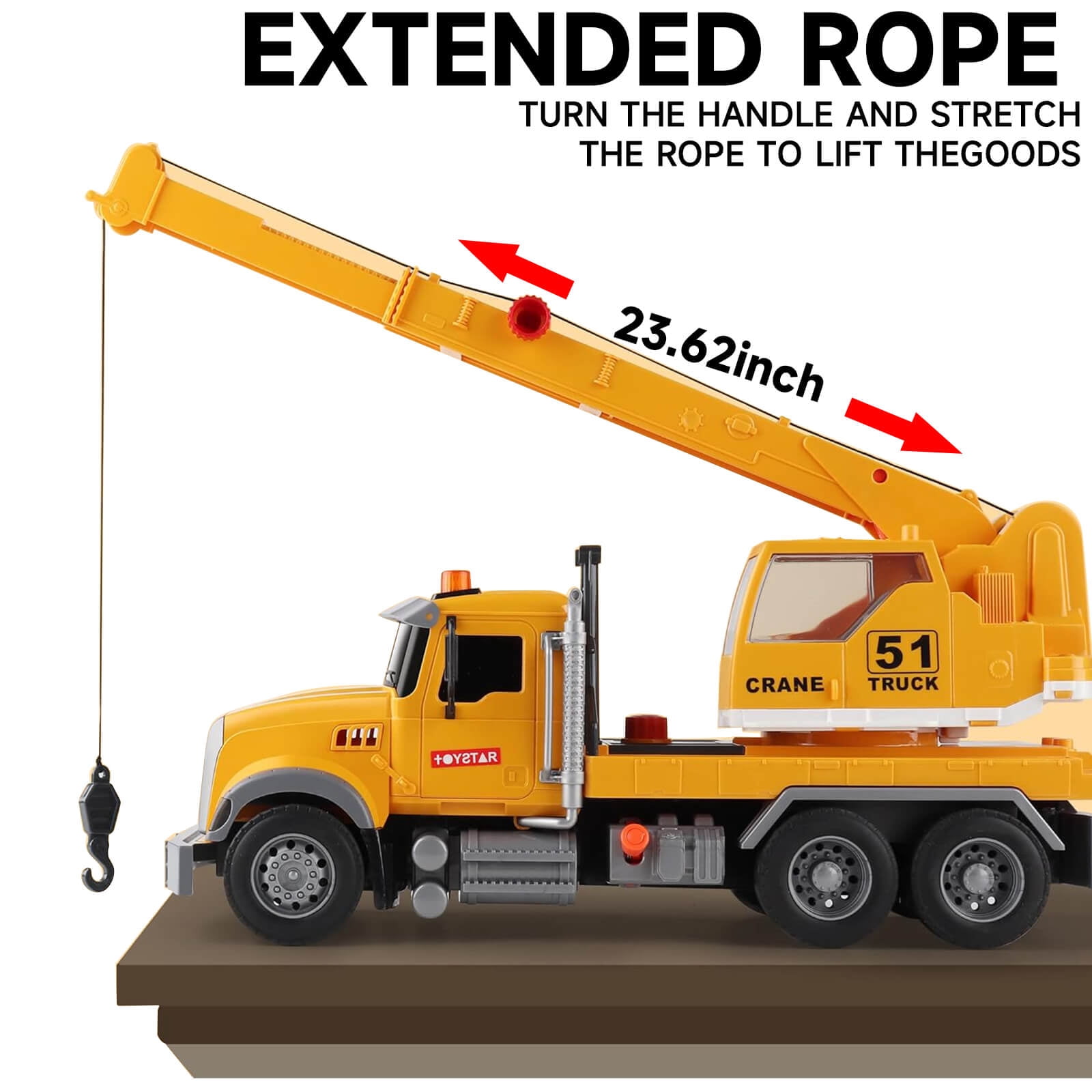 15" Construction Crane Truck Toy With Lights & Sounds - Realistic Friction-powered Engineering Vehicle With Movable Arm & Working Headlights | STEM Educational Gift for Kids