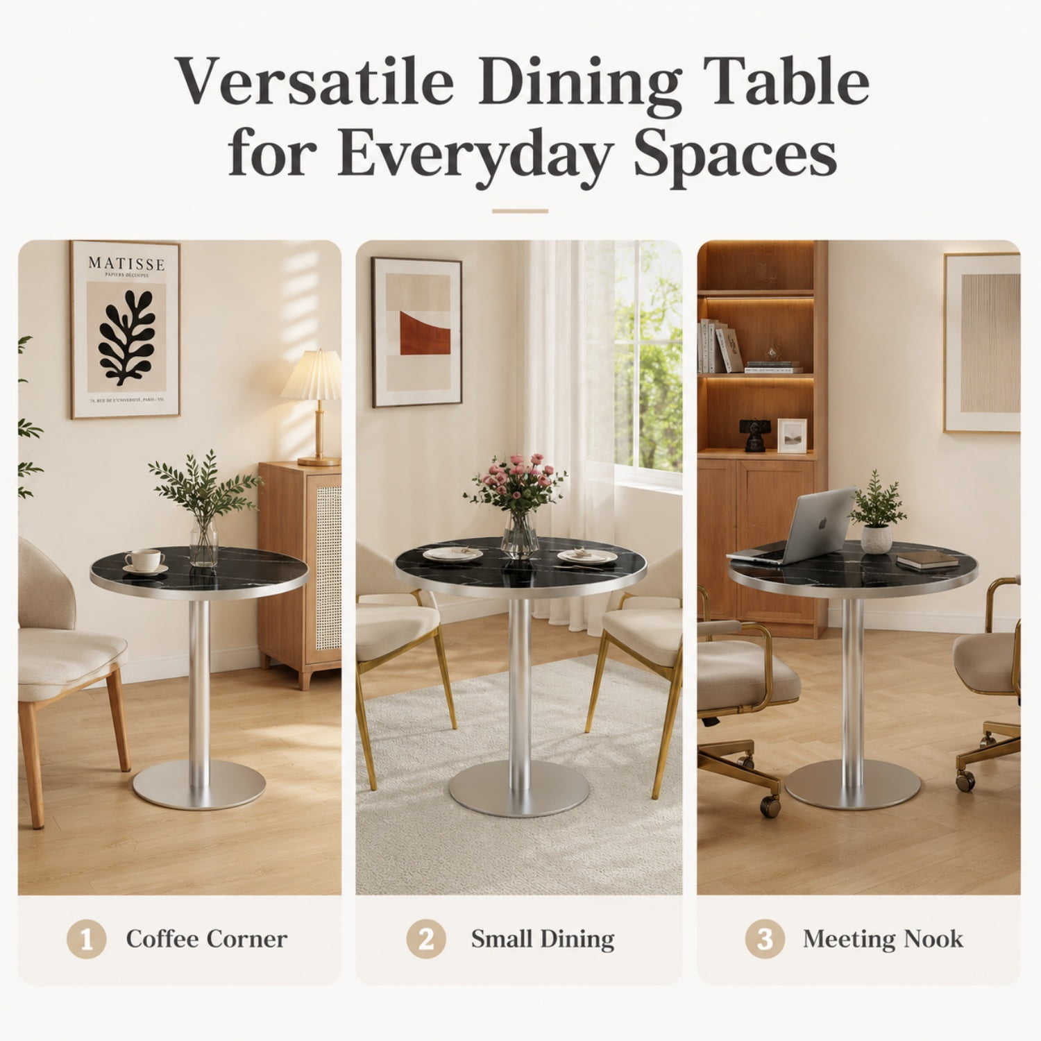 Miniyam 31.5 in. Round Tulip Dining Table for 2-4, Glossy Stone-Look Pedestal Table for Kitchen or Small Spaces, Black&Silver