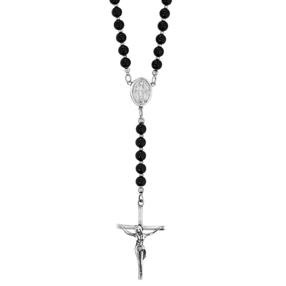 AeraVida Religous and Faith Christian Cross Catholic Rosary with Black Onyx Beads Sterling Silver Necklace Versatile and Meaninful Fashion Unisex Jewery Gifts