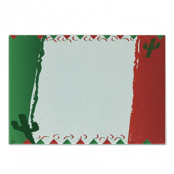 Hispanic Cutting Board, Mexican Themed Graphic in Flag Colors Cactus and Pepper, Decorative Tempered Glass Cutting and Serving Board, in 3 Sizes, by Ambesonne