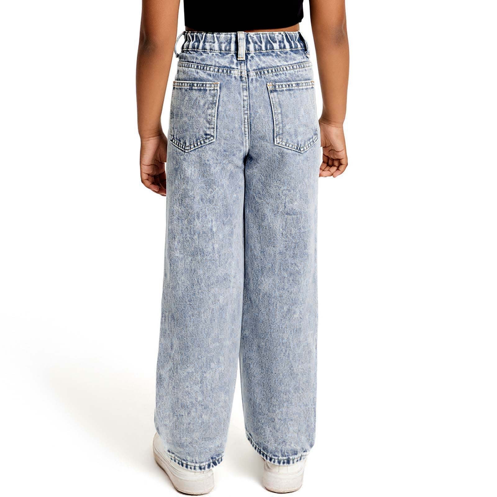 Wdgfv Girls Distressed Wide Leg Jeans Snow Wash Casual Denim Pants Comfortable Loose Fit Trousers For Teen Everyday Wear Age 6-13 Years Light Blue 8-9 Years