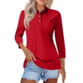 thumbnail image 2 of Women's Polo Shirts 3/4 Length Sleeve Tops Collared Button Down Golf Tee Casual Spring Summer Work T Shirts Red 2XL, 2 of 5