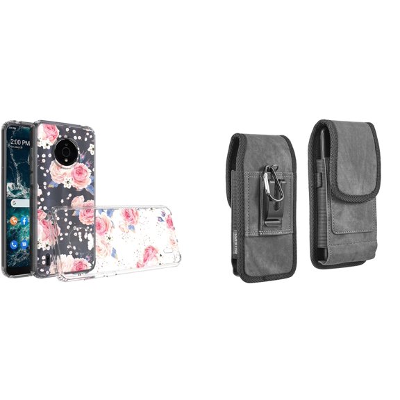 Case and Pouch Bundle for Nokia C200: Slim Series TPU Protector Case (Vintage Pink Floral) and Vertical Rugged Denim Nylon Belt Holster