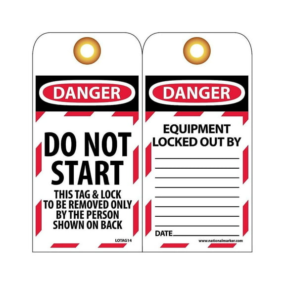 National Marker Lockout Tags; Lockout Danger Do Not Start. . . 6X3 Unrippable Vinyl LOTAG14