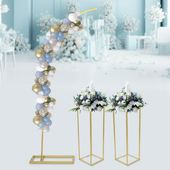 Set of Balloon Arch Stand and 2 Flower Stands, Golden Color Arch Backdrop Stand for Parties, Wedding Flower Stands