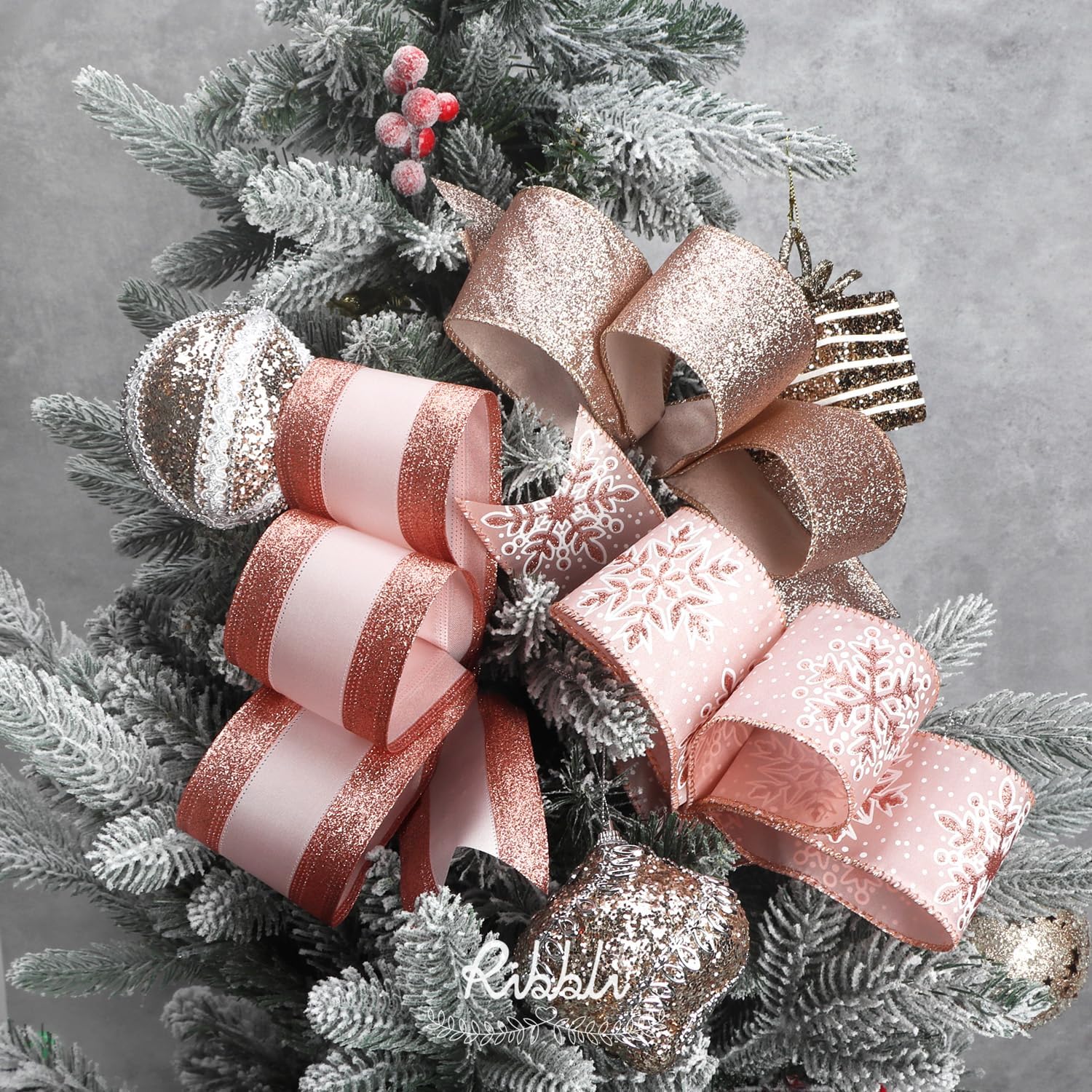 Christmas Ribbon Wired Rose Gold Christmas Tree Ribbon Snowflake Glitter Wired Ribbons for Crafts Gift Wrapping Wreaths Garland Home Decor -2.5 Inchx6 Rolls Total 36Yard