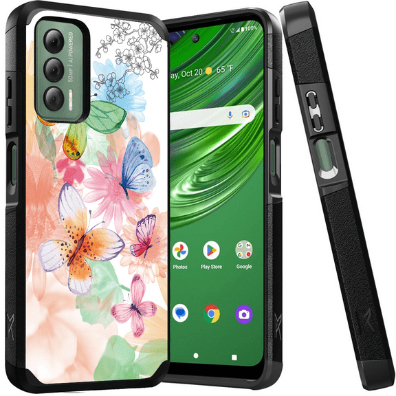 ANJ  Shockproof Dual Layer Slim Hard Case   Tempered Glass Cover Compatible with Cricket Outlast, AT&T Jetmore - Colorful Butterflies