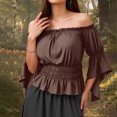 thumbnail image 6 of EchfiProm Fall Shirts for Women 3/4 Sleeve Off Shoulder Tops Solid Blouse Batwing Sleeve Coffee Boat Neck Womens, 6 of 9