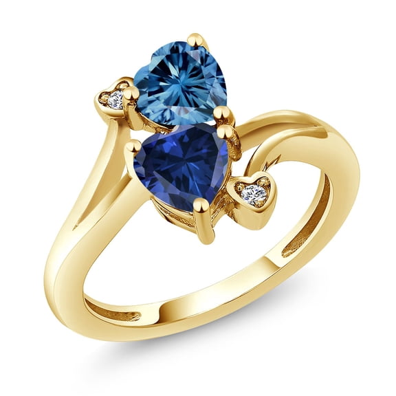 Gem Stone King 18K Yellow Gold Plated Silver Persian Blue Moissanite Blue Created Sapphire and White Moissanite Ring for Women (1.63 Cttw, Heart Shape 6MM, Gemstone Birthstone, Size 5)
