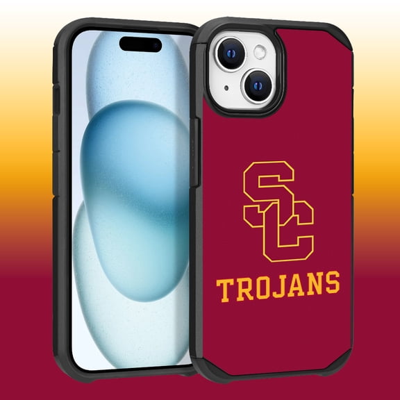 Apple iPhone 15 (6.1) / iPhone 14 (6.1) / iPhone 13 (6.1) - Licensed NCAA University of Southern California Trojans Logo on Red Textured Dual Layer Case