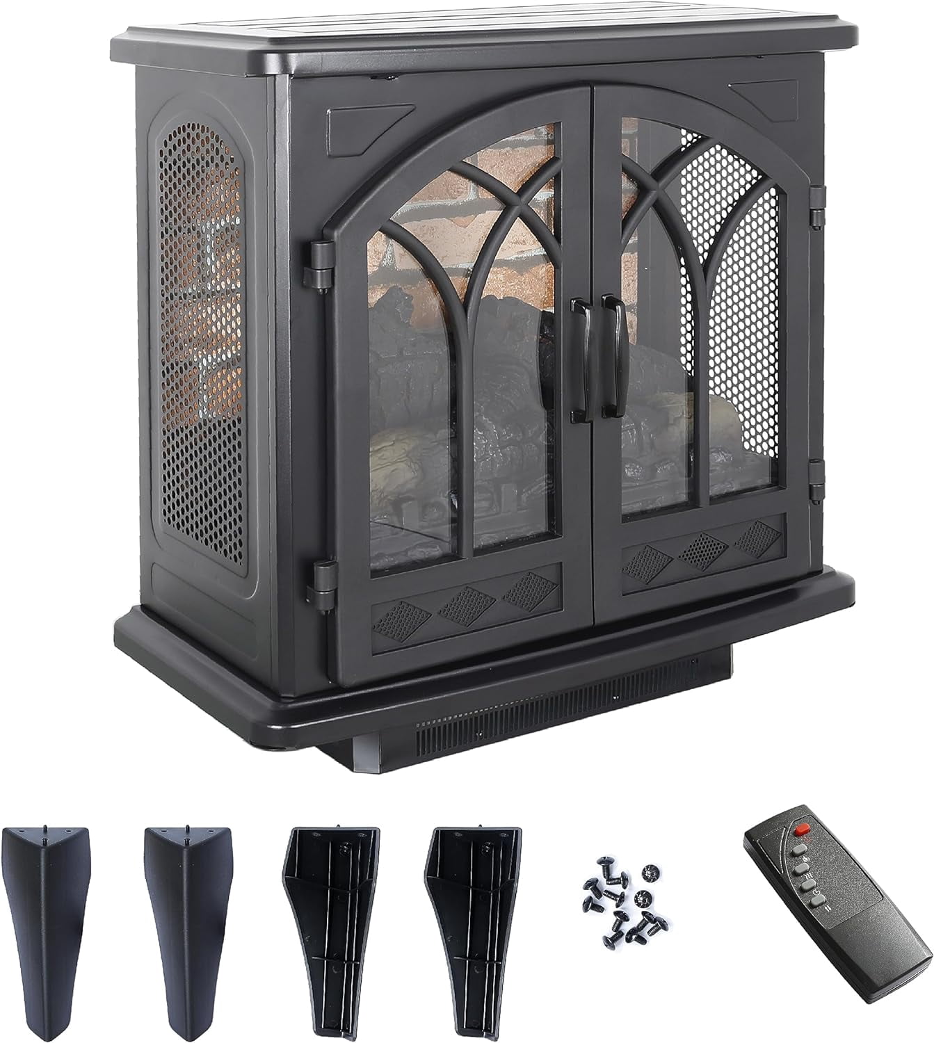 23.7Inch 3D Infrared Electric Stove Heater, Free-Standing Infrared Fireplace, LED Light Source, 1500W, 5018BTU, Overheating Protection, Remote, Timer, Black & Wall Tiles Background