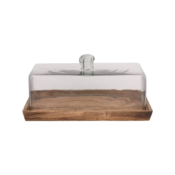 Rectangular Glass Cloche with Mango Wood Tray Large
