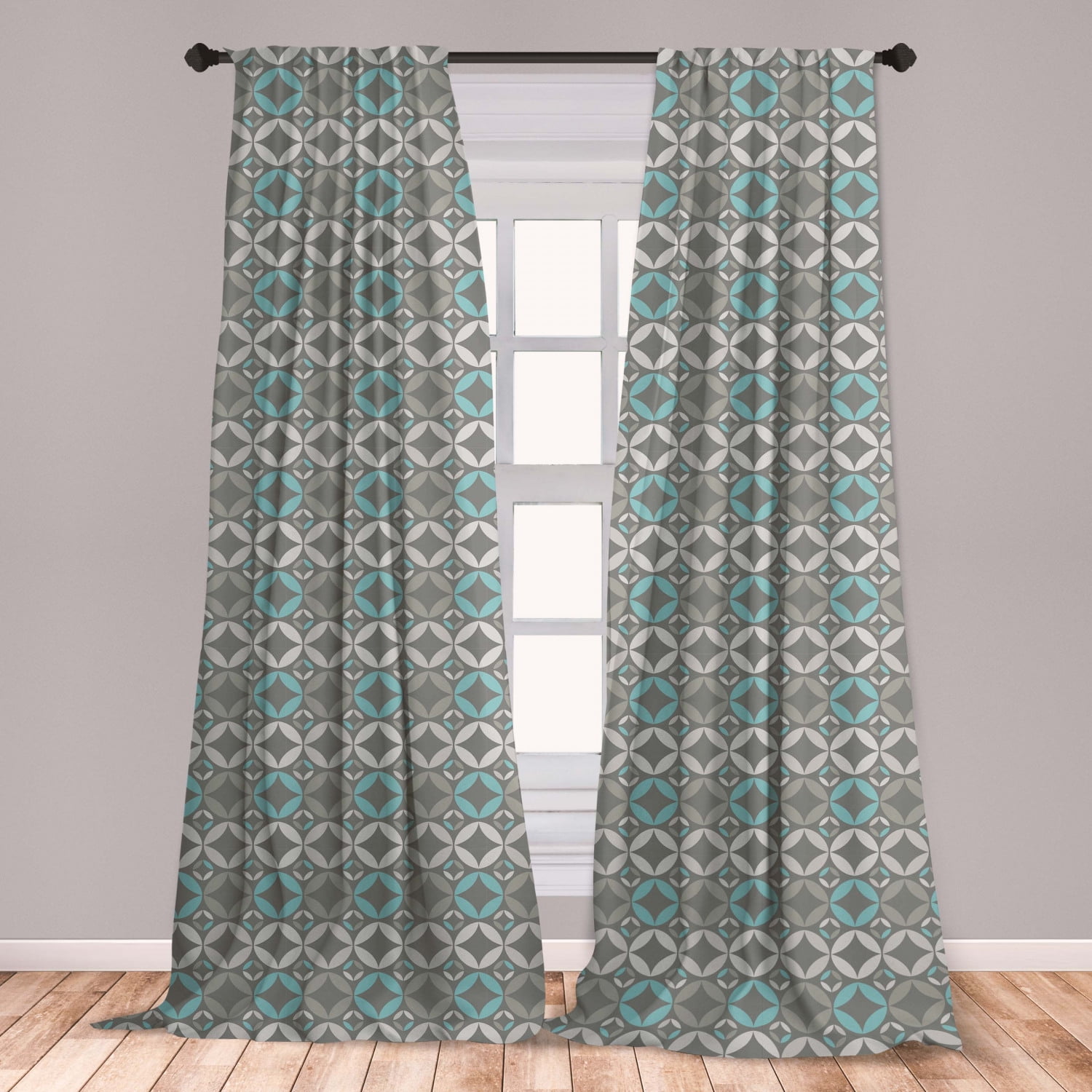 Grey and Blue Curtains 2 Panels Set, Retro Styled Abstract Overlapping
