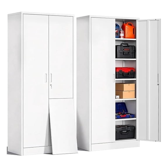 Metal Storage Cabinets with 5 Adjustable Shelves, 71" H Locking Storage Cabinet for Garage, Office, School - White