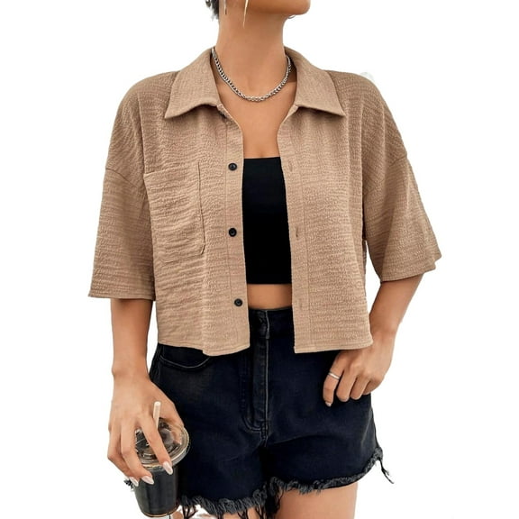 Casual Plain Shirt Collar Khaki Elbow-Length Women's Blouses XS (2)