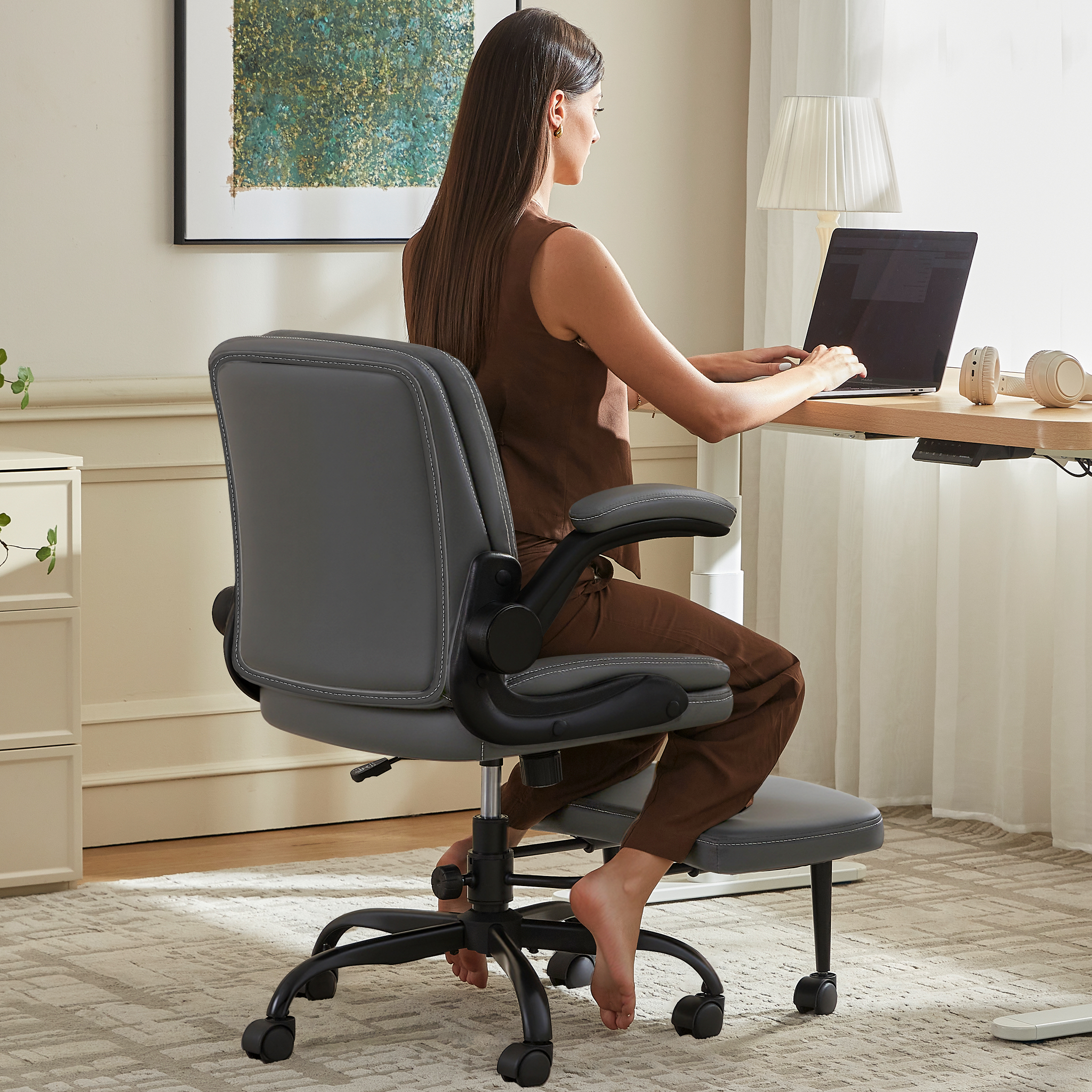 Dhole High Back Ergonomic Office Chair - Adjustable Swivel Chair with Lumbar Support, Flip-Up Arms, Retractable Footrest & Brown Diamond PU Leather for Home Office Desk-Gray