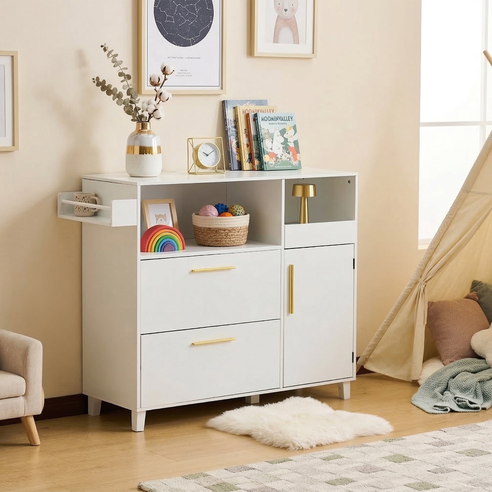 Zimtown 2-1 Baby Changing Table with Drawers & Shelf, Nursery Dresser with Storage, Infant Diaper Changing Station for Children's Room, White