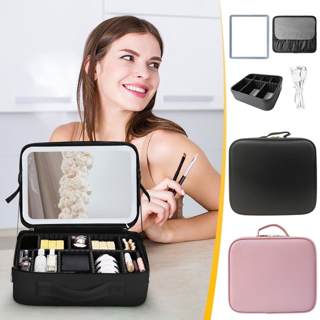 Xihbxyly Organizador de Maquillaje Portátil, Espejo con Luz Led, Neceser de Gran Capacidad, Diseño Ideal para Viajes, Almacenamiento de Esmaltes de Uñas, Fácil de Transportar, Tela de Cuero Resistent