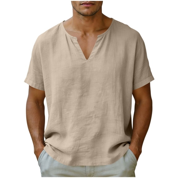 Dvprdro Mens Cotton Linen T Shirts V Neck Short Sleeve Solid Casual Beach Tops