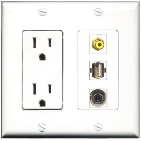 RiteAV - 15 Amp Power Outlet 1 Port RCA Yellow 1 Port USB A-A 1 Port 3.5mm Decorative Wall Plate