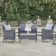 BELLEZE 4 PC Furniture Outdoor Set 4 Piece Rattan Outdoor Patio Set One Glass Table One Sofa Two Chairs Grey