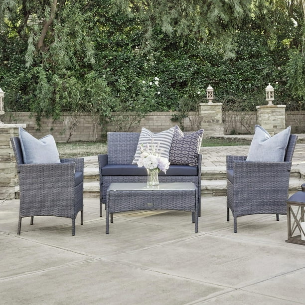 Belleze 4 Pc Furniture Outdoor Set Piece Rattan Patio One Glass Table Sofa Two Chairs Grey Com 4 Piece Rattan Outdoor Patio Set, 4 Piece Rattan Garden Furniture Set Grey