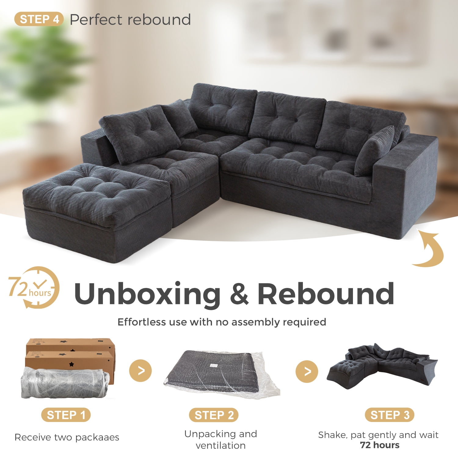 BYBYME 130"Oversized L-Shaped Sectional Sofa Cloud Boneless Modular Couch,Upholstered Sofa with Convertible Left/Right Ottoman for Living Room Bedroom,No Assembly,DGrey