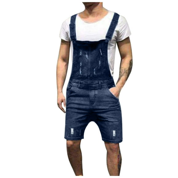 jsaierl Bib Overall Shorts for Men Casual Fashion Solid Breast Pocket Denim Ripped Shorts Straight Type Overalls