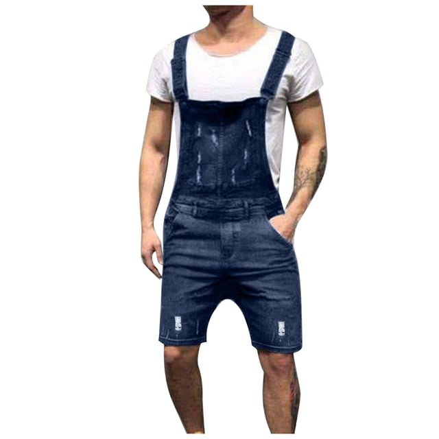 Cameland Men Casual Fashion Solid Breast Pocket Denim Ripped Shorts Straight Type Overalls