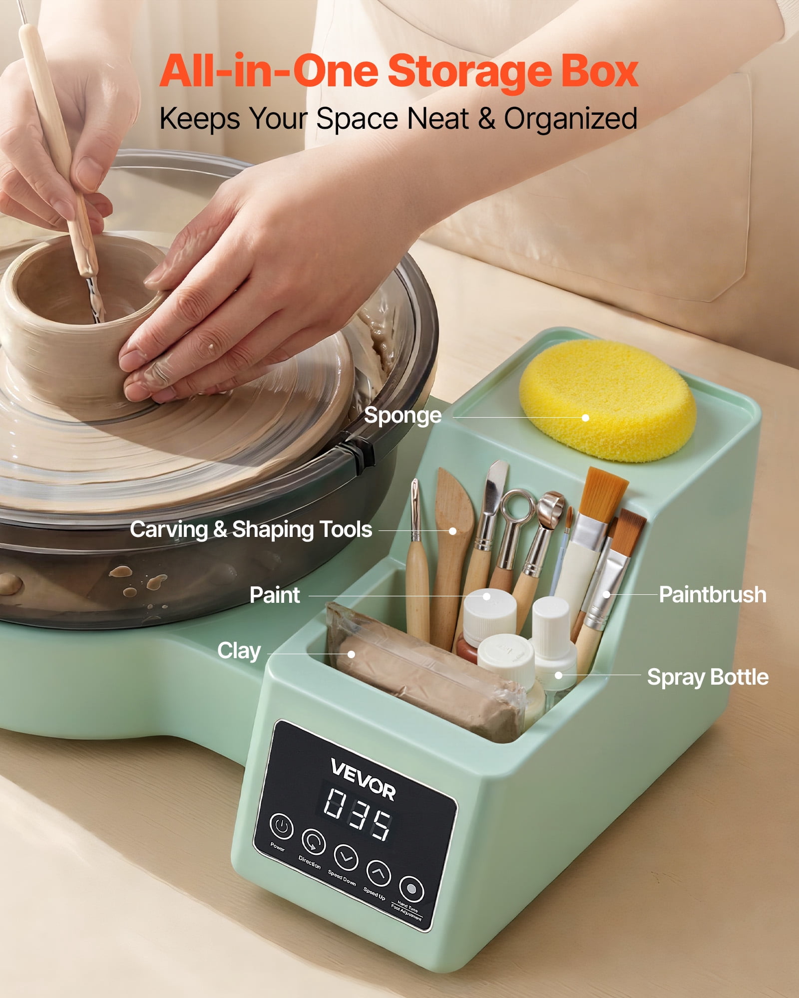 VEVOR Pottery Wheel for Adults, 11" Aluminum Turntable, 450W Electric Table Top Pottery Wheel with Foot Pedal, 30-300 RPM Adjustable Speed, Detachable Basin, for Beginners, DIY Clay Art Craft, Green