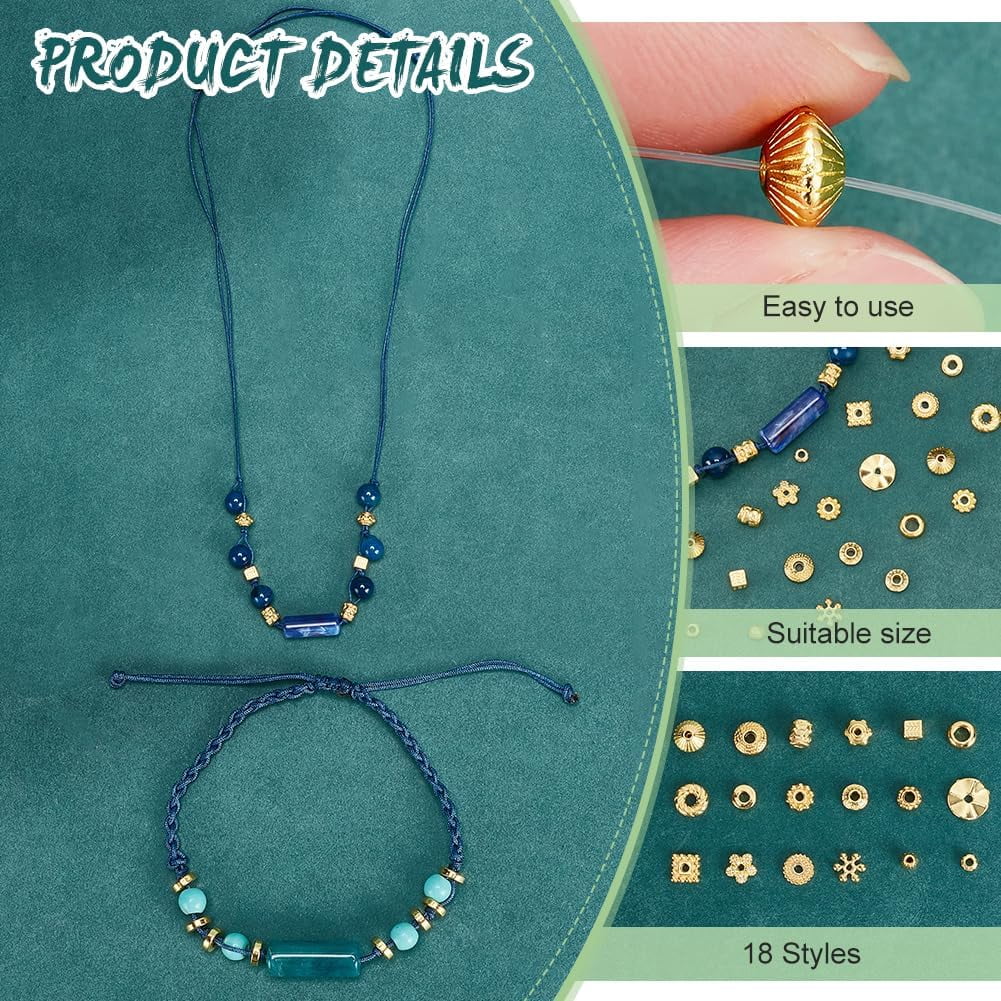 PH 900pcs Golden Spacer Beads 18 Styles Tibetan Flower Rondelle Beads Bicone Snowflake Spacers Beads Alloy Loose Beads for Bracelet Necklace Earring Jewelry Making gold DIY