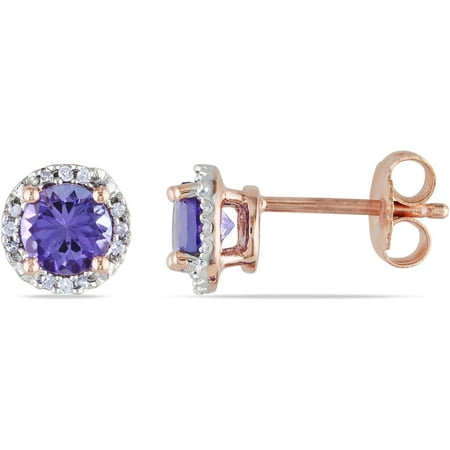 1-1/10 Carat T.G.W. Tanzanite and Diamond Accent Pink Rhodium-Plated Sterling Silver Halo Stud Earrings