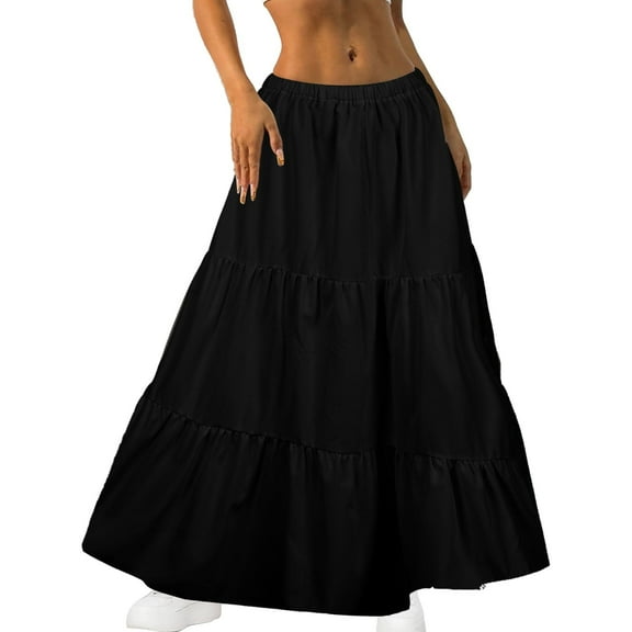 Women's Casual A-Line Maxi Skirt, Basic Style with Pockets – Elastic High Waist, Loose Tiered Design, Suitable for All Seasons