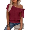 thumbnail image 6 of Miluxas Women's Trendy One Shoulder Blouse - Eyelet Lock Knit Short Sleeve Top with Bow Tie Smocked Hem Solid Tunic Shirts Summer Beach Outfits Wine, 6 of 9