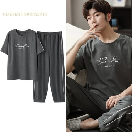 

QWZNDZGR Summer Knitted Cotton Mens Pyjamas Casual Short Tops Lattice Long Pants Sets V-neck Pajamas Fashion Men Sleepwear 5XL Homewear